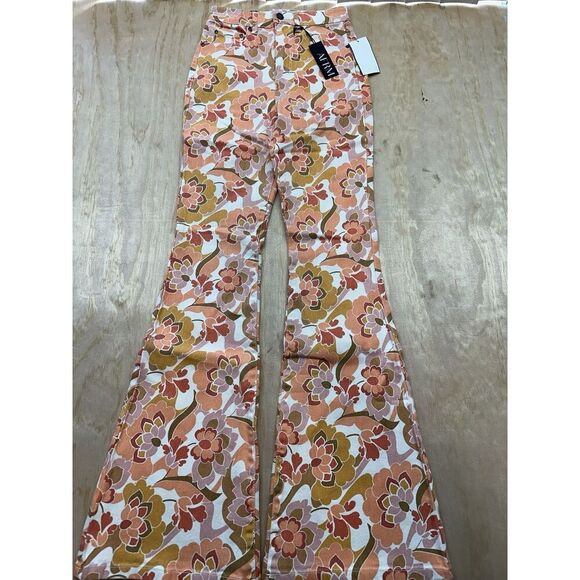 AFRM Sylar 24 Bell Bottom Flowers Groovy Pants Retro Floral Denim High Rise NWTs - Picture 1 of 5